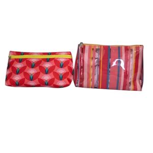 Clinique Pink Orange Striped Printed Makeup/Cosmetics Bags - Set Of 2 Pre-Owned